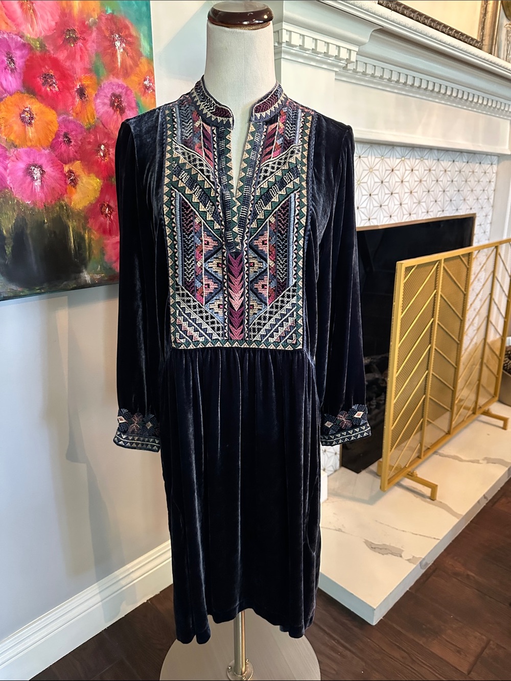 Johnny Was Navy Velvet Dress with Multicolor Embroidered Bib